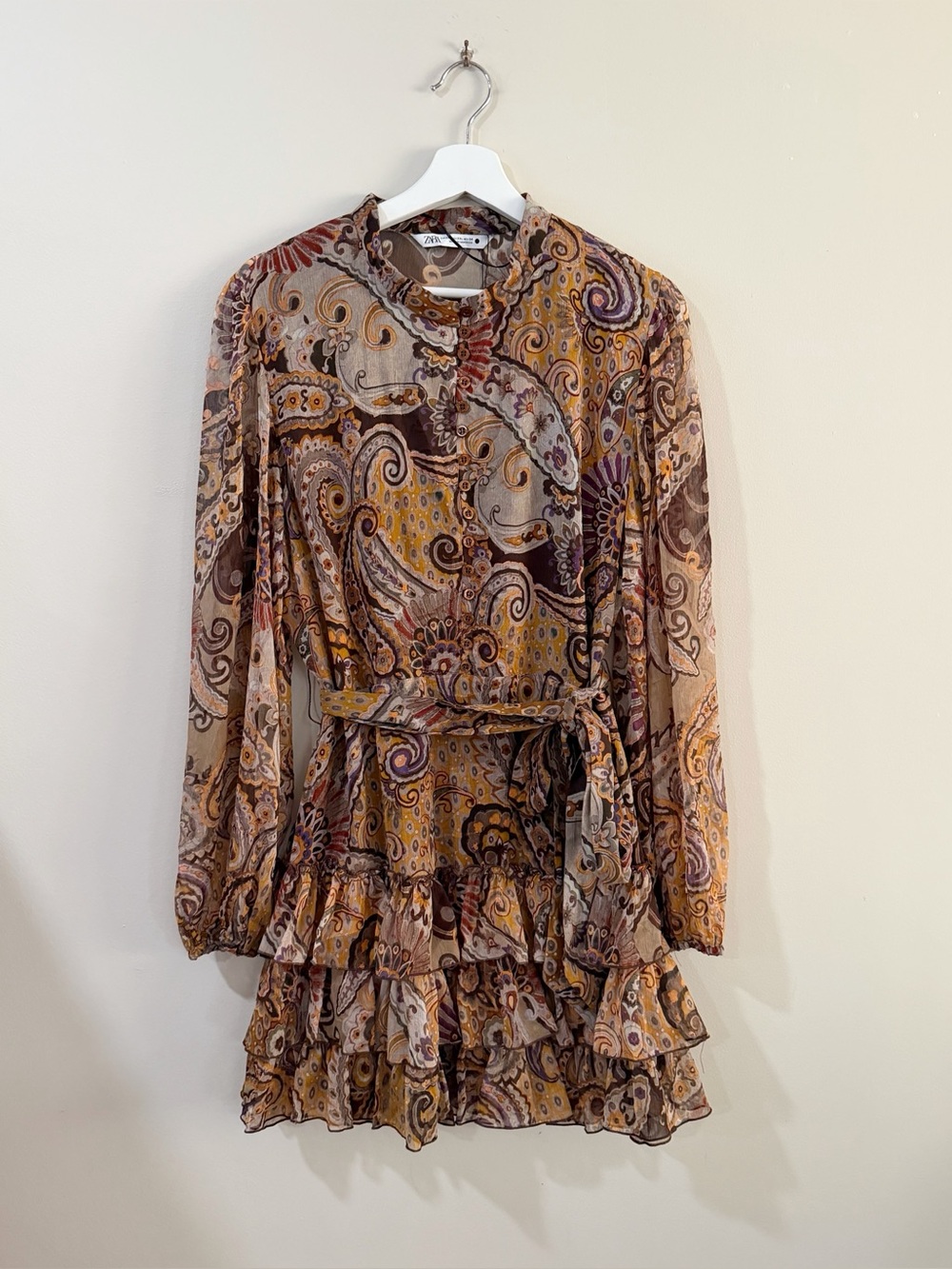 Zara Dress Women XXL Brown Paisley Ruffle Belted Mini Boho Whimsigoth Fairy NWT